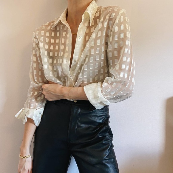 VTG Sheer Ivory Satin Square Button Down Blouse